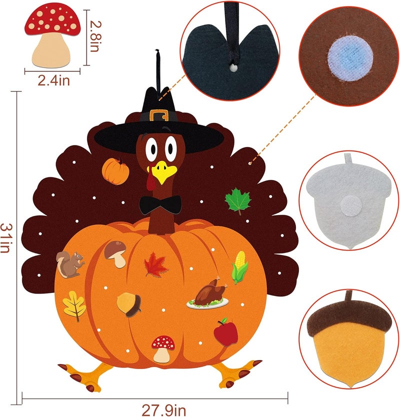 HALOGATE Fall Thanksgiving Felt Craft Kit - DIY Turkey Pumpkin Felt Set with 34 Pcs Detachable Fall Maple Leaves Squirrel Pine Cones Corns Ornaments for Kids Gifts Classroom Craft Thanksgiving Activity - Image 2
